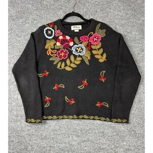 All Points Womens Sweater Sz M Floral Embroidered Black Knit Pullover Vintage